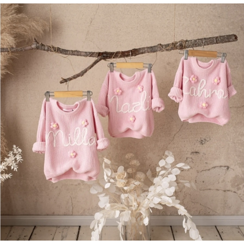 Before & Ever Handmade Personalised Baby Knit Sweater with Flower, Cotton Infant Jumper - Baby Pink