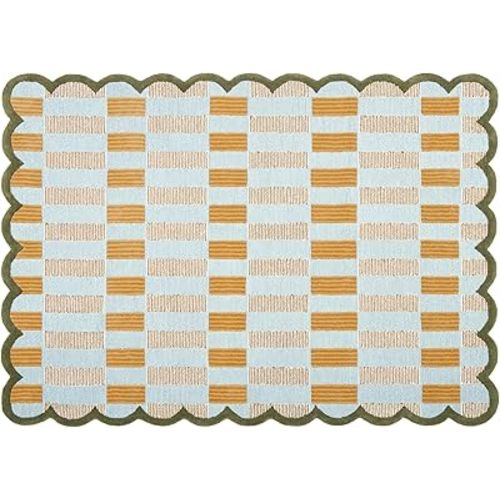 Hand-Tufted Wool Rug with Scalloped Edges, Light Blue Plaid Pattern, Cozy Soft Area Rug for Living Room, Bedroom, and Nursery, Handmade Modern Accent Rug, 5x7 Ft