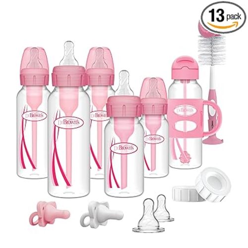 Dr. Brown's Anti-Colic Options+ Narrow Bottle Gift Set with Sippy Straw Bottle, HappyPaci Silicone Pacifiers, Storage/Travel Caps, and Bottle Brush, Pink