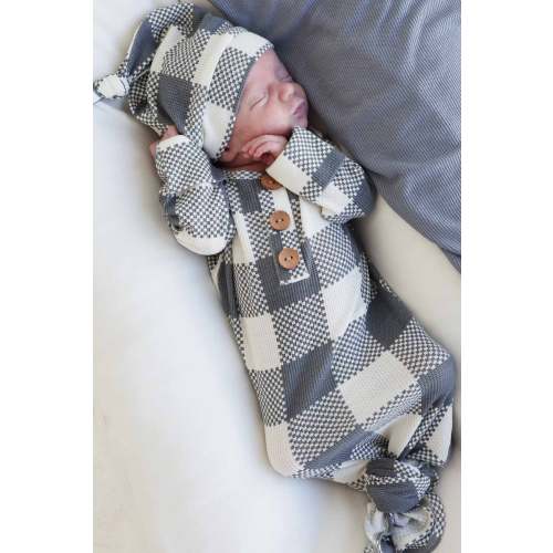 Big Check Bamboo Waffle Newborn Baby Knot Gown