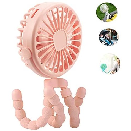 Mini Handheld Stroller Fan Octopus Fan Baby Fan with Flexible Tripod Wrapped on Stroller, Car Seat, Student Bed, Bike USB Rechargeable Fan, Desk Fan for Office and Baby Room or Outdoor (Round-Pink)