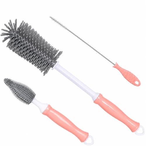 Silicone Bottle Brush Set, 12" Long Handle, Nipple and Straw Brushes | Soft Silicone Bristles | For Water Bottles, Baby Bottles, Sports Bottles, Vases and Glassware