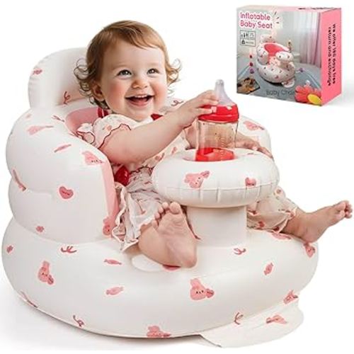 Inflatable Baby Seat for Infans for Sitting Up,Baby Chair Sit Me Up with Tray and Back Support,Learning to Sit for 4-36 Months,Includes Built-in Air Pump(Pink Bunny)