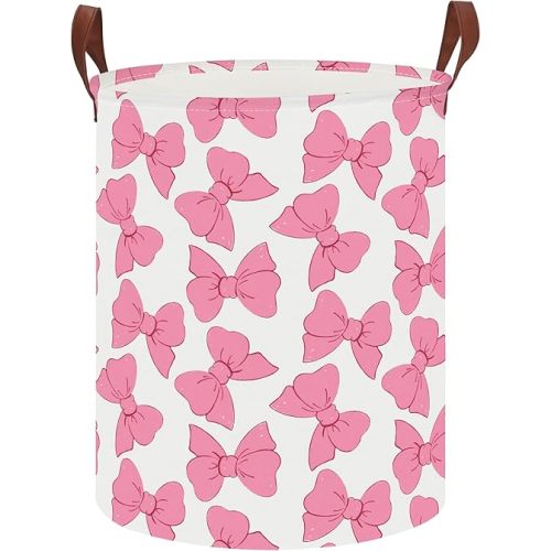 CLOCOR Large Laundry Basket,Waterproof Nursery Hamper,Collapsible Fabric Storage Container,Toys Bin,Room Decor,Gift Basket(Pink Bowknot