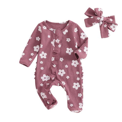 Bellafa Baby Girls Footies Ruffle Zip Up Onesie Romper Newborn Infant Floral Knit Jumpsuit with Headbant 2 Piece Coming Home Outfits