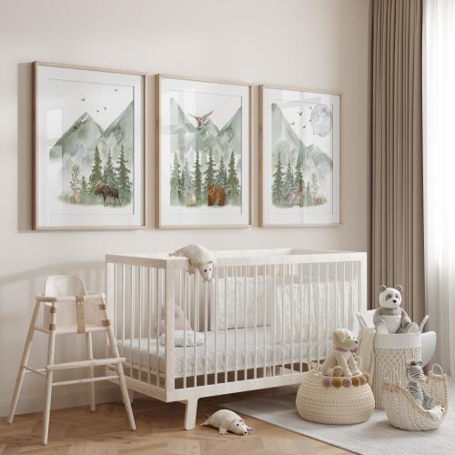 Woodland Nursery Prints: Green Mountain Animal Art, Set of 3