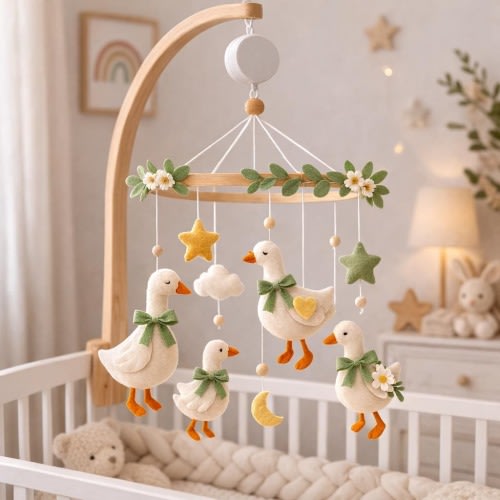 Handmade Felt Duck Baby Mobile: Nursery Crib Decor, Optional Music Box