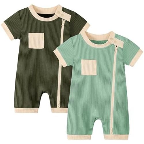 Volunboy Newborn Summer Clothes Unisex Baby Boy Girl 2 Pack Rompers Short Sleeve Two Way Zipper One-piece Jumpsuits Bodysuits