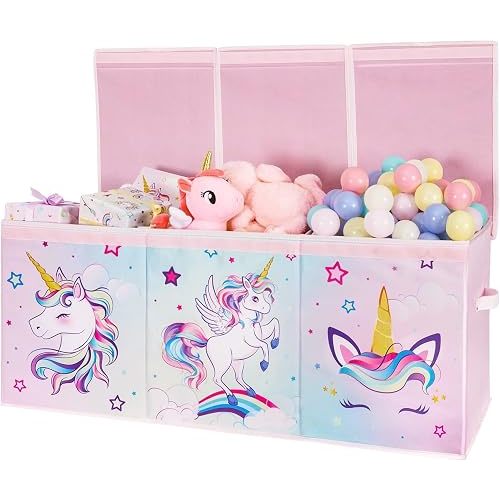 WERNNSAI Extra Large Toy Chest - Unicorn Toy Box Chest Organizer with Flip-Top Lid Collapsible Sturdy Storage Bin with Handles 38 x 13 x 16 Inch for Kids Girls Pink Closet Nursery Living Room Bedroom