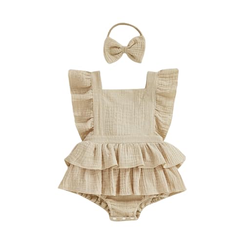 Thorn Tree Baby Girl Summer Clothes Newborn Outfit Ruffle Romper Infant Baby Dress Bow Headband Solid Cute Outfits Girls