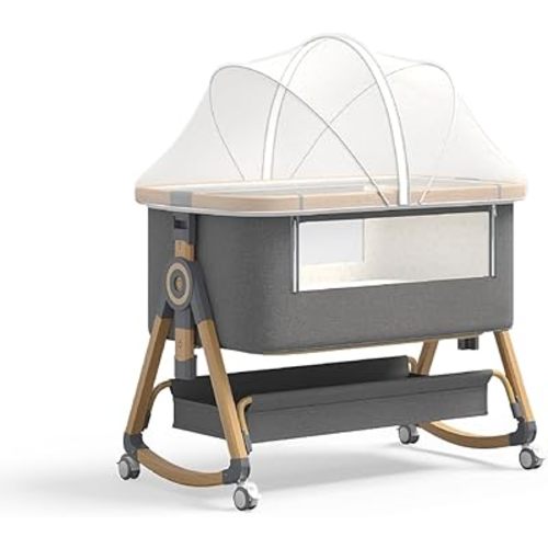 Baby Bassinet, 4 In 1 Portable Bassinet Bedside Sleeper with Wheels Comfy Mattress and Storage Basket, Moises Para Bebe 6 Adjustable Height Rocking Bedside Bassinet for Baby Newborn Boys Girls