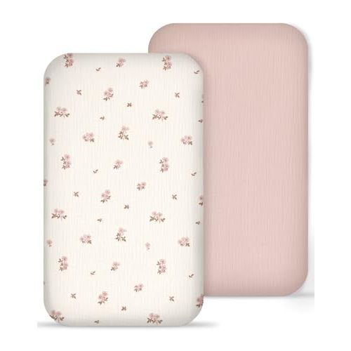 Muslin Bedside Bassinet Sheets 2 Pack, 33x20 Fitted Ultra Soft & Breathable Bedside Sleeper Sheets, Ideal for Baby Girl and Boy, Perfect for Newborns (Vintage Blossom & Pink)