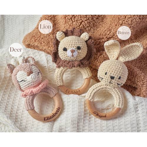 Animal Rattle with Babies Name, Custom Baby Shower Gift, Name Engraving Rattle, Rattle Ring for Newborn Gift, Newborn Gift, Gift for Nephew