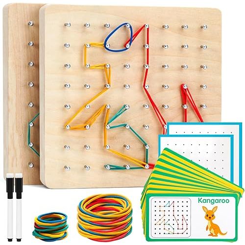 2Pack Wooden geoboards with Rubber Bands Montessori Toys, Mathematical Education Toy for Kids with Pattern Cards and geo Boards to Figures and Shapes, Brain Teaser STEM Toys for Classroom.