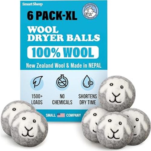 Smart Sheep Wool Dryer Balls - 6-Pack - XL Premium Natural Fabric Softener Award-Winning - Wool Balls Replaces Dryer Sheets - Wool Balls for Dryer - Laundry Balls for Dryer