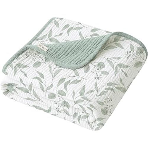 Konssy Muslin Baby Blankets for Girls Boys, 100% Cotton Crib Blanket for Infant Toddler, Super Soft and Lightweight Nursery Swaddling Wrap 40"x36" (Green Leaves)