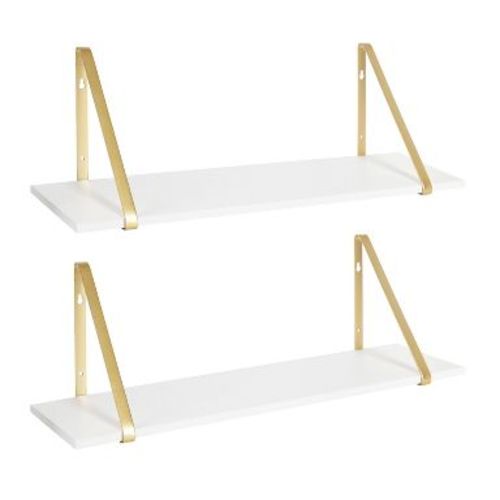 27.5" x 8.2" 2pk Soloman Wooden Shelf Set with Brackets White/Gold - Kate & Laurel All Things Decor: Modern Floating Storage Display