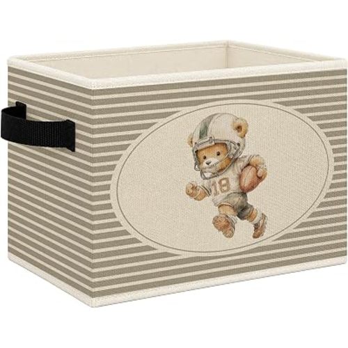 Vintage Bear Football Nursery Foldable Storage Bins Box with Handles, Neutral Striped Football Player Bear Collapsible Toys Books Clothes Organizer Basket for Kids Bedroom Bathroom Playroom
