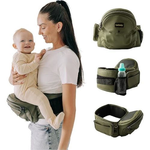Tushbaby Original Hip Seat Baby Carrier for Babies & Toddlers up to 45 lbs, Safety Certified, Lightweight No-Foam Design with Storage, Olive