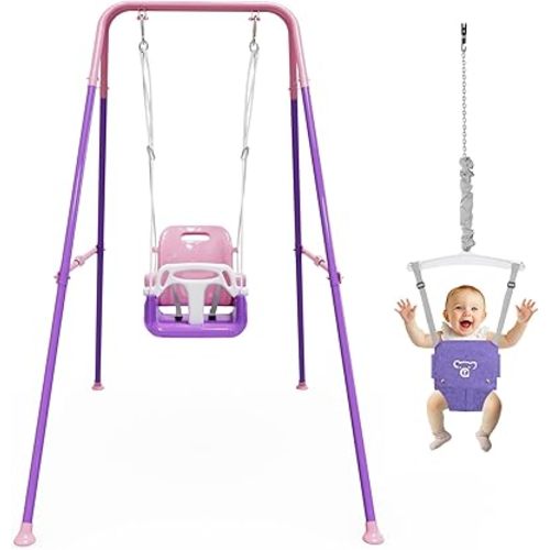 2 in 1 Toddler Swing & Baby Jumper, Foldable Baby Bouncer with Soft Cushion, Foldable Indoor & Outdoor Use, Easy to Install & Store Swing Sets for Backyard Play (Pink)