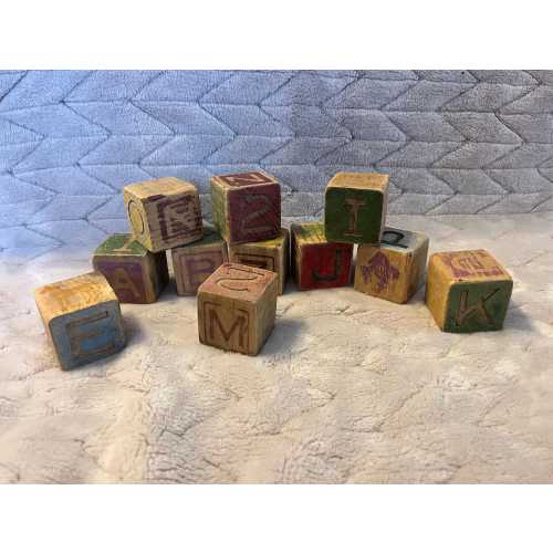 Vintage Set of 11 Wood Alphabet Blocks: Colorful ABC Building Blocks