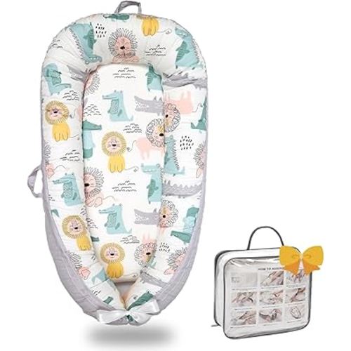 Baby Lounger-Breathable and Soft Organic 100% Cotton, Portable Infant Lounger with Removable Lounger Cover, Floor Lounger for Newborn - Lion