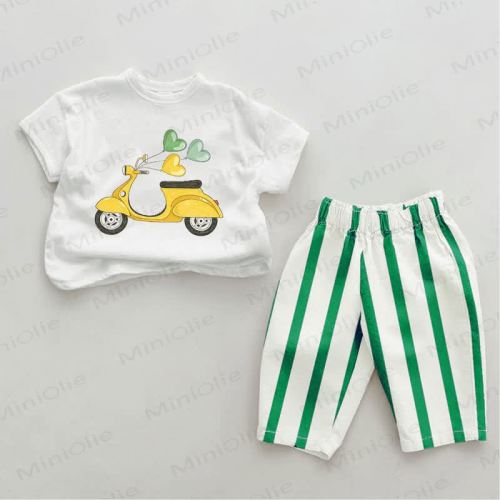 Baby Green E-scooter Vertical Striped 2-piece Pants Set