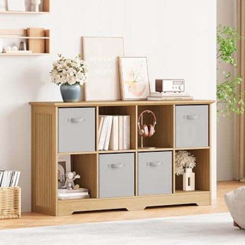 8 Cube Storage Organizer Shelf, Wood Cubby Storage with 4 Fabric Drawers, 2 Tier Wooden Bookshelf with 2 Adjustable Shelves & Fluted Side Panels for Living Room, Home Office, Wood