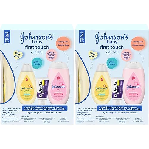 Johnson's First Touch Baby Gift Set, Baby Bath, Skin & Hair Essential Products, Kit for New Parents with Wash & Shampoo, Lotion, & Diaper Rash Cream, Hypoallergenic & Paraben-Free, 4 items (Pack of 2)