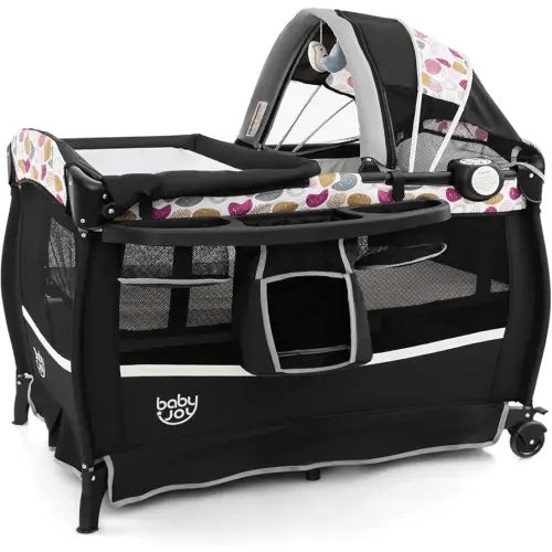 BABY JOY 4 in 1 Pack and Play, Portable Baby Playard with Bassinet & Flip-Away Changing Table, Canopy, Infant Bassinet with Storage Basket, Oxford Bag from Newborn to Toddlers (Circle)