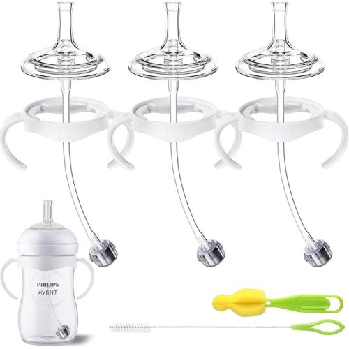 Plastic-Free Straw Cup Conversion Kit for Philips Avent Natural Baby Bottle, Sippy Cup Transition Kit with All Silicone Straw Top Nipples, Metal Weighted Straws, Brush & Handles for Toddler 6+ Month