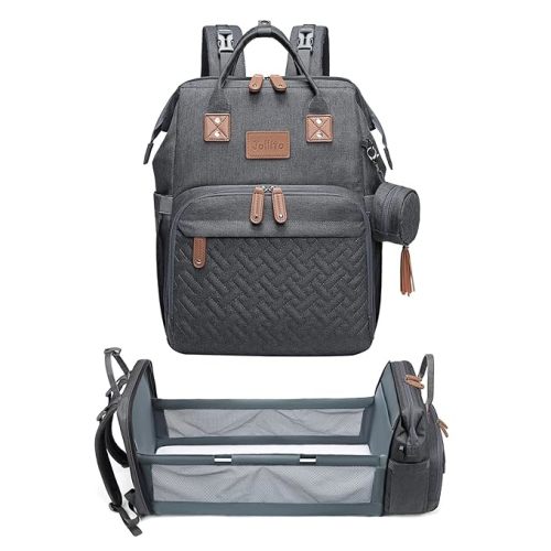 JOLLITO Diaper Bag Backpack with Changing Station Large Capacity Multifunction Baby Bags for Boy Girl Travel For Moms Dads Baby Registry Search Essentials Shower Gifτs Gray