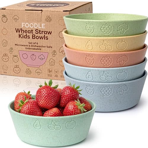 FOODLE Wheat Straw Kids Bowls - Microwave and Dishwasher Safe Toddler Bowls | 12 oz, Set of 6, BPA-Free & Non-Toxic, Unbreakable, Easy to Clean & Lightweight, Ideal for Baby Food, Snacks, Fruit & Cereal