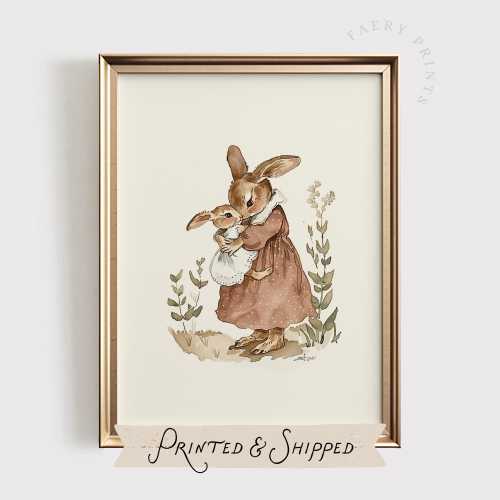 Rabbit Nursery Wall Art: Heirloom Mom & Baby Print for Girls Nursery