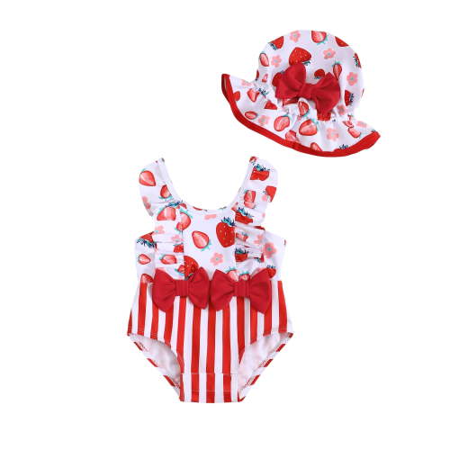 KIMI BEAR Newborn Baby Girls Swimsuits 6-12 Months One-piece Bathing Suits Sleeveless Strawberry Beach Wear with Hat 2pcs Red