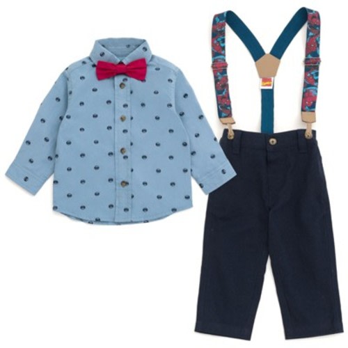 Marvel Spider-Man Infant Baby Boys Button Down Shirt Twill Pants Suspenders and Bow-Tie 4 Piece Outfit Set Blue 12 Months
