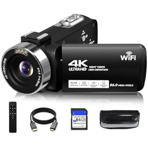 Video Camera, 4K Camcorder 56MP Digital Video Recorder 18X Zoom 3" 270° Rotation Touchscreen IR Night Vision, Wifi Vlogging Camera for YouTube 64GB Card Anti-Shake Remote Control Camera Bag Lens Cap