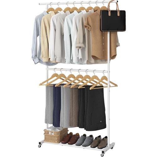 Sywhitta Double Rod Clothing Garment Rack, Rolling Coat Hanger with Bottom Mesh, Clothing Rack for Hanging Clothes, Coats, Skirts, Sweaters, White