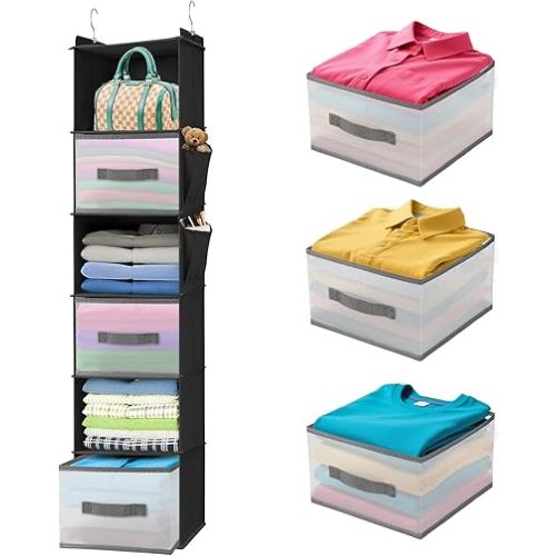 6-Tier Hanging Closet Organizer with 3 Drawers and Side Pockets – Multi-Functional Storage for Shoes, Belts, Purses, and Clothing