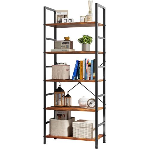 Sweetcrispy Book Shelf, 5 Tier Bookcase, Modern Tall Bookshelf for Garage Kit, CDs, Movies, Industrial Corner Storage Organizer for Bedroom Home Office Kitchen Living Room, Rustic Brown