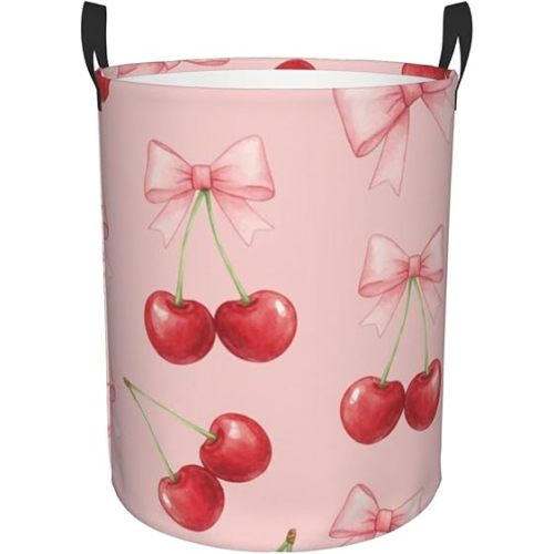 Large Laundry Hamper - Cherry Bow Round Collapsible 62L Storage Bin for Kids Toys, Clothes, Waterproof Tall Baby Nursery Basket for Bedroom, Bathroom Dorm Decor, Gift Baskets