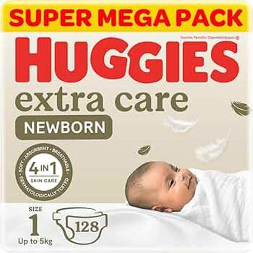 Huggies, Extra Care Newborn Diapers, Size 1 (Up to 5 kg), Jumbo Pack of 128 Diapers, Dual Zone Technology for Delicate Skin, Wetness Indicator, Day & Night Protection : Buy Online at Best Price in KSA - Souq is now Amazon.sa: Baby Products