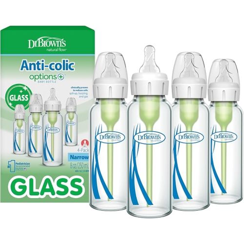 Dr. Brown’s Natural Flow® Anti-Colic Options+™ Narrow Glass Baby Bottles, 4-Pack, 8 oz /240 mL