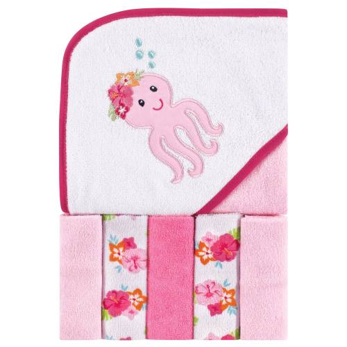 Luvable Friends Baby Girl Hooded Towel with Five Washcloths, Tropical Octopus, One Size - Tropical Octopus - One Size