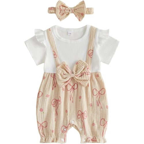 YINGISFITM Newborn Baby Girl Summer Clothes Short Sleeve Bubble Romper Bow Shorts Jumpsuit Infant Outfit 0 3 6 9 12 18 Months