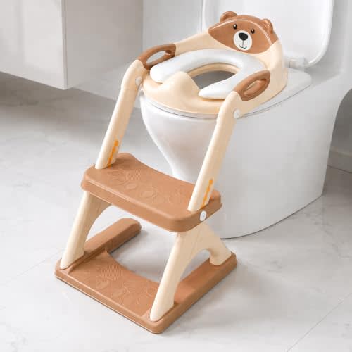 Potty Training Toilet for Toddlers, 2-in-1 Potty Training seat, Anti-Slip (Chocolate, Bear) | SKYROKU, Fits Round & Elongated Toilets, 6 Heights, Splash Guard, Foldable, Holds 200+ lbs, Step Stool, Dishwasher Cushion