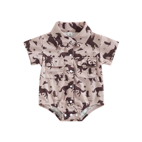 Wassery Infant Baby Boy Western Clothes 3M 6M 12M 18M Newborn Short Sleeve Turn-down Collar Horse/Cactus Print Jumpsuit Summer Shorts Outfit
