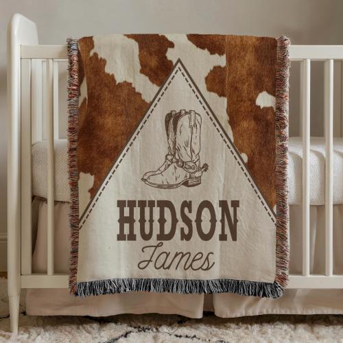 Personalized Cowboy Baby Blanket, Western Name Blanket For Boys, Woven Heirloom Throw, Cow Print Nursery Gift, Rustic Custom Blanket