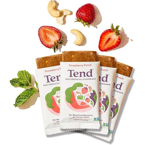 Tend Daily Best Prenatal Vitamin Bar, Made with Organic Ingredients for Pregnant & Postpartum Mothers, Includes DHA, Vitamin D, B, Choline, Folate - Strawberry Patch (4ct)