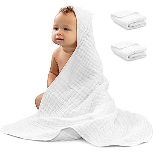Comfy Cubs 2 Pack Baby Hooded 9 Layer Muslin Cotton Towel for Kids, Large 32” x 32”, Ultra Soft, Warm, and Absorbent. Baby Essentials Bath Towels, Cute Unisex Cover for Girls and Boys (2 Pack, White)